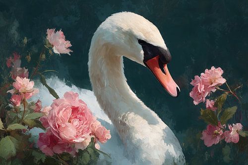 Portrait of a Swan among Pink Roses no. 2