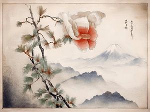 Japanische Berglandschaft mit Blume und Kiefer