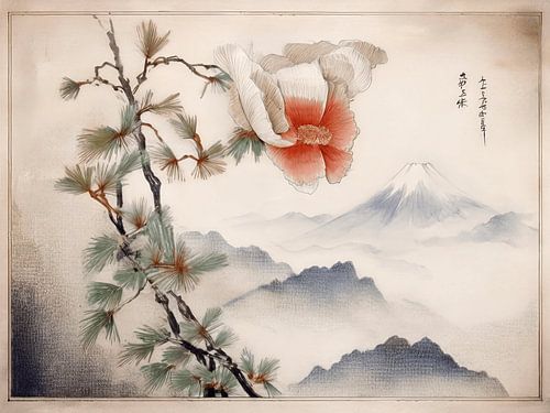 Japanische Berglandschaft mit Blume und Kiefer