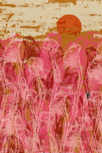 Zomerlandschap in roze, oker, oranje.