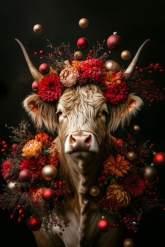 Hochlandkuh in festlicher Blumenpracht - Warme Weihnachtsstimmung