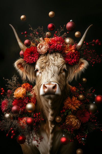 Highland cow in Festive Floral Splendour - Warm Christmas atmosphere by Eva Lee
