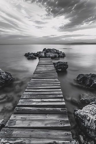 Houten steiger bij zee tijdens bewolkte zonsopkomst