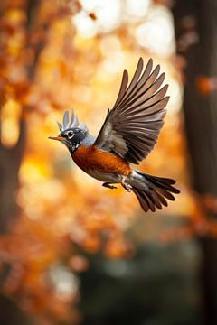Vliegende vogel in het herfstbos van Poster Art Shop