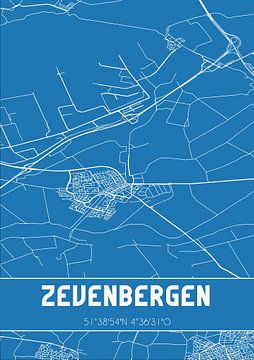 Blauwdruk | Landkaart | Zevenbergen (Noord-Brabant) van MijnStadsPoster