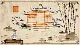 Eenvoudig en elegant Japandi schilderij met theehuis