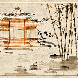 Eenvoudig en elegant Japandi schilderij met theehuis van Studio Pieternel