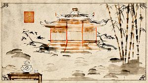Einfaches und elegantes Japandi-Gemälde mit Teehaus
