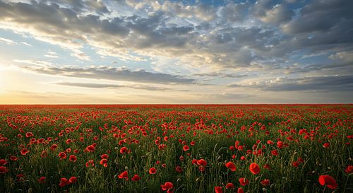 Klaprozenveld in gouden licht - een kleurenzee voor je muur