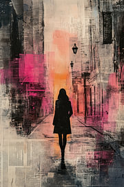 Silhouette urbaine - Street art dynamique : rose et orange sur BowiScapes - Beaux-Arts et Art Urbain