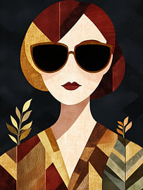 Kubistische Eleganz – Geometrisches Art-Déco-Porträt einer Frau mit Sonnenbrille und terrakottafarbenen Flächen