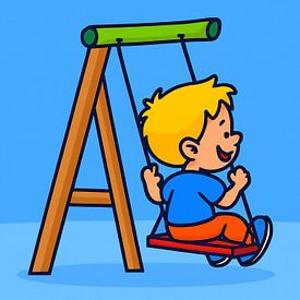 Child on a swing in cheerful cartoon style by Jose Lok