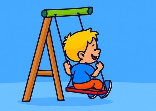 Kind auf einer Schaukel in fröhlichem Cartoon-Stil von Jose Lok