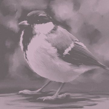 Artwork of a great tit in taupe and soft pink tones by Emiel de Lange