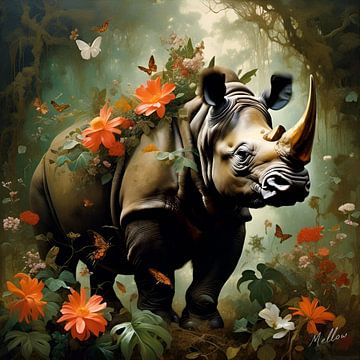 Dschungel-Flora Surrealismus: Sumatra-Nashorn von Mellow Art