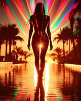 Levendige Zonsondergang Silhouet achterzijde van een Vrouw Woonkunst - Tropische Regenboog   Poster voor Moderne Woondecoratie