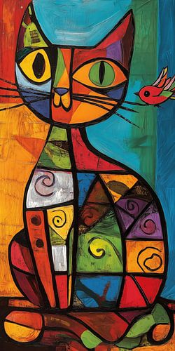 Bunter Vogel und eine Katze