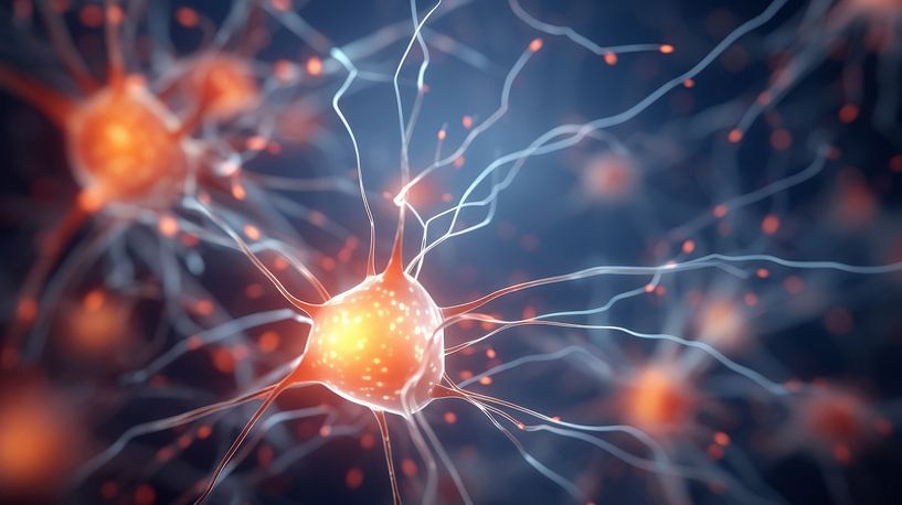 Neuronal network with electrical activity of neuron cells 3D rendering illustration. Neuroscience, neurology, nervous system and impulse, brain activity, microbiology concepts. Artist vision. by de-nue-pic