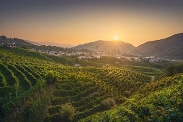 Das Dorf Guia und die Weinberge in der Morgendämmerung. Prosecco-Hügel, Italien