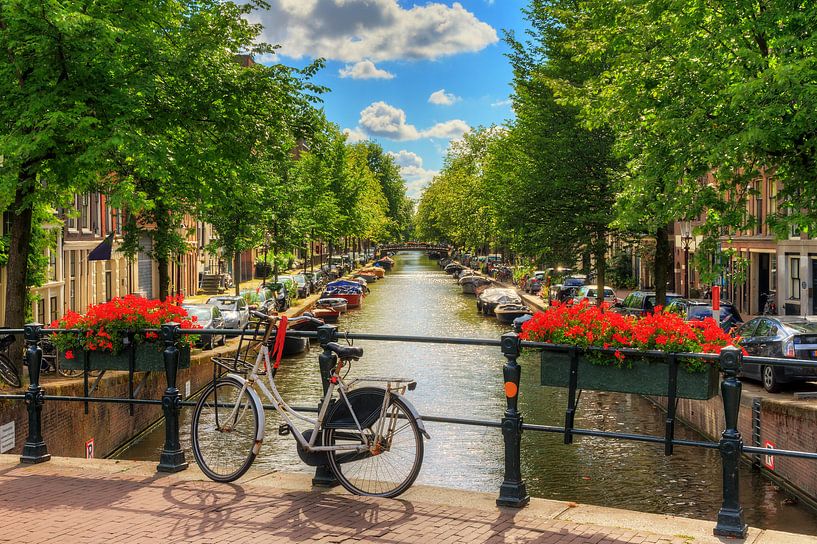 Fiets op de brug in zomers Amsterdam van Dennis van de Water