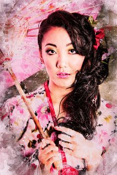 Modèle asiatique avec parapluie rose (mixed media) sur Art by Jeronimo