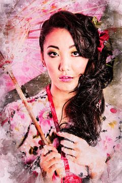 Asiatisches Modell mit rosa Regenschirm (Mischtechnik) von Art by Jeronimo