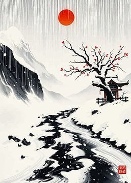 Art mural japonais de paysage inspiré du Sumi-e