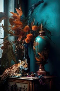 Tiger still life with flowers