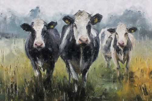 Drie nieuwsgierige koeien in de ochtendmist