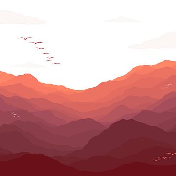 Berg uitzicht met vogels - ROOD illustratie van Studio Hinte