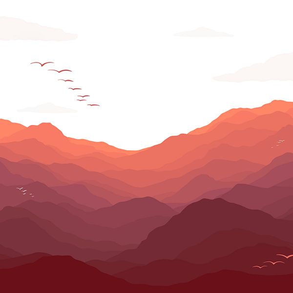 Berg uitzicht met vogels - ROOD illustratie van Studio Hinte
