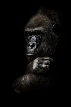 Pensieve houding, hand rekwisieten zijn hoofd. Aapje-mantropoïde gorilla vrouwtje. een symbool van b van Michael Semenov