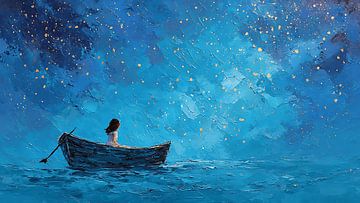 Mädchen in einem Boot unter fallenden Sternen von Aden Pink Studio