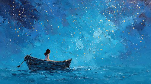 Meisje in een bootje onder vallende sterren