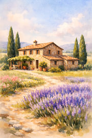 Traditionelle Landschaft in der Toskana mit einem Steinhaus, Lavendel und Zypressen von Jelena Jovanovic Fine Art