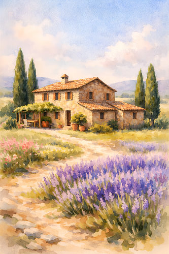 Traditioneel landschap in Toscane met een stenen huis, lavendel en een cipresboom