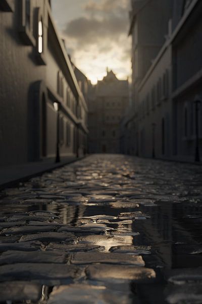 Plas in het avondlicht in een steegje met kinderkopjes van Besa Art