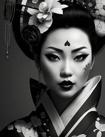 Geisha in traditional dress and with the accompanying hairstyle and make up in black and white. by Brian Morgan