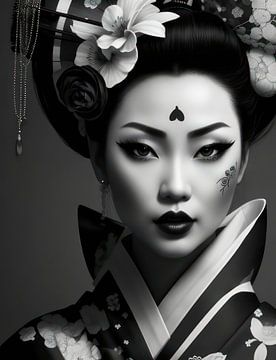 Geisha in traditionele kleding en met de bijbehorende haardracht en make up in zwart wit.