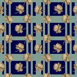 Elegantes goldenes Blumenmuster auf marineblauen Quadraten - schickes Design für Stoff und Heimtextilien von Almanzart almanza