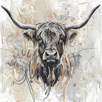 Modern landelijk schilderij van een schotse hooglander stier van Emiel de Lange