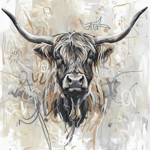 Modern landelijk schilderij van een schotse hooglander stier
