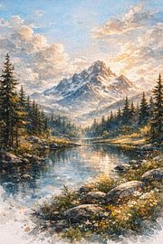 Aquarell: Bergspiegelung in der goldenen Stunde von MARTINA KUSUMA DEWI