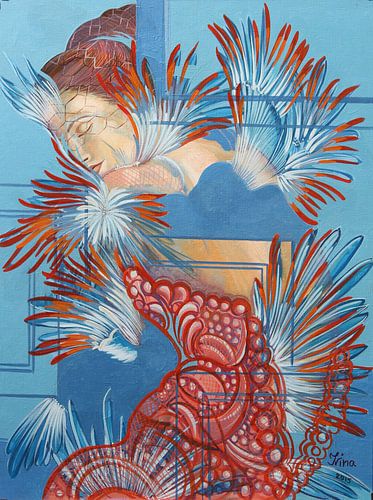 Red Dress and Chickadees by Irina Corduban