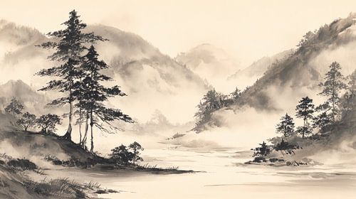 Japanische Kunst – Landschaft mit Bergen