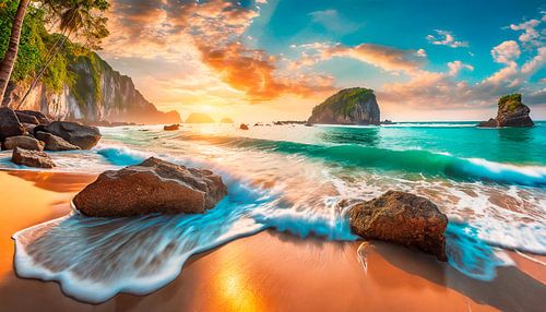 Strand met rotsen en golven