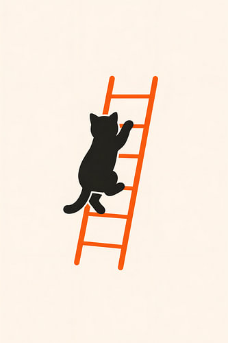Zwarte kat op een oranje ladder