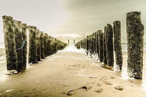Tussen de palen op het strand van Vlissingen