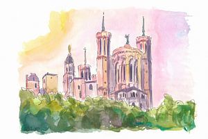 Lyon Frankreich Ansicht des Hügels von Fourvière mit der Basilika de Notre-Dame.