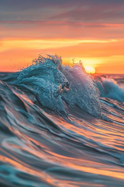 Golven in de zonsondergang van Poster Art Shop